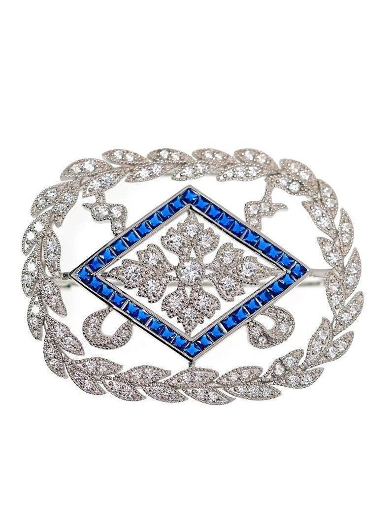 Art Deco Floral white and blue diamond brooch