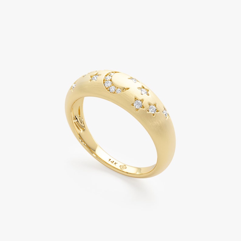 Moon and Stars Ring, Crescent Celestial Ring, Dome Ring, Solid Gold Ring, Fine Handmade Band, Estelle