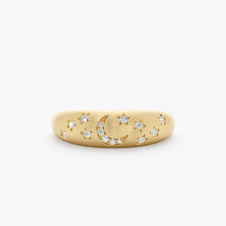 Moon and Stars Ring, Crescent Celestial Ring, Dome Ring, Solid Gold Ring, Fine Handmade Band, Estelle