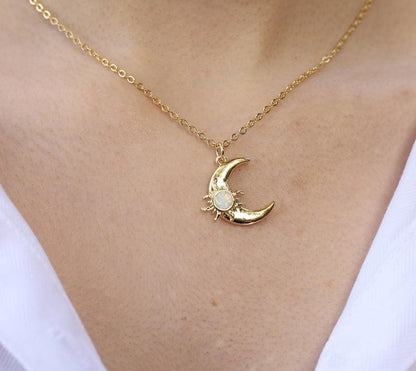 opal moon Crescent Moon and sun Necklace