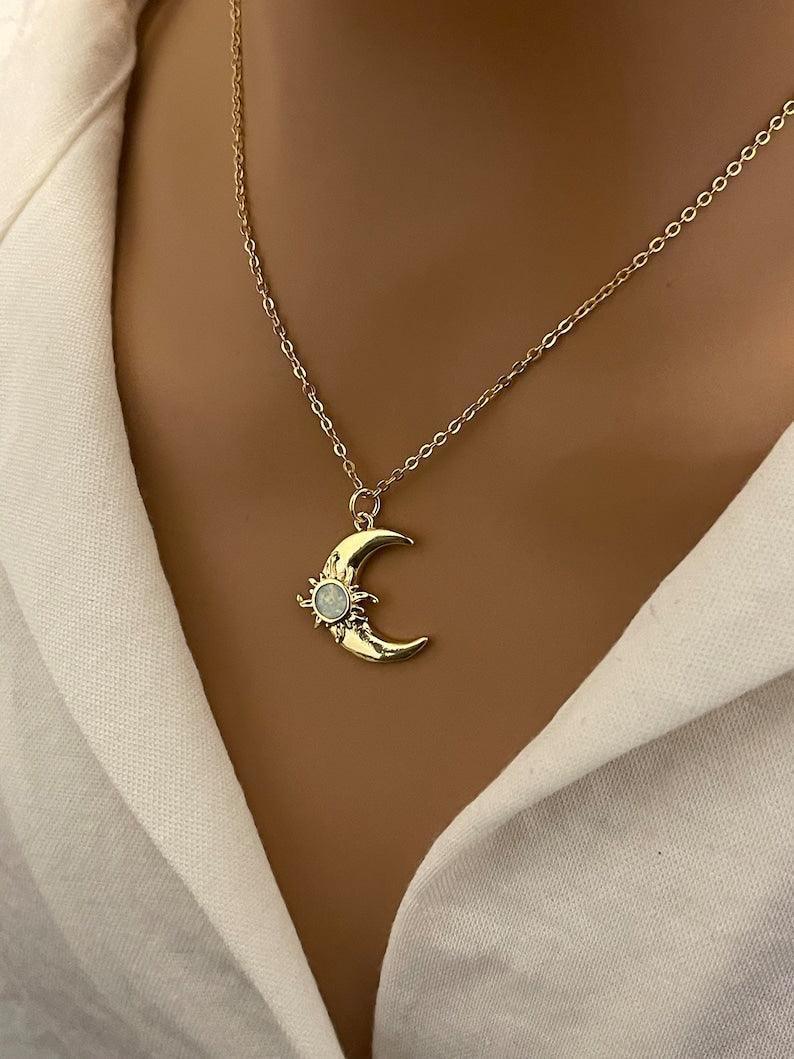 opal moon Crescent Moon and sun Necklace