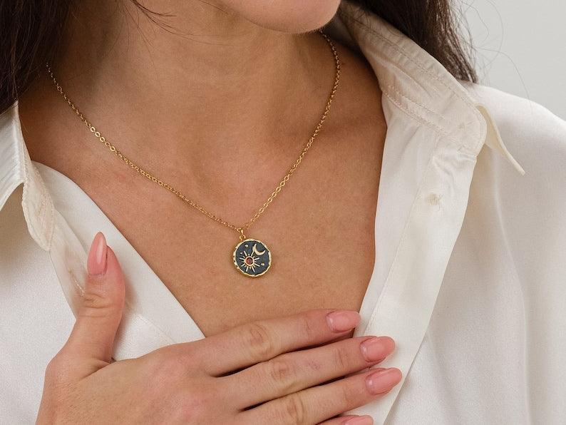 sun and moon layering celestial gold necklace