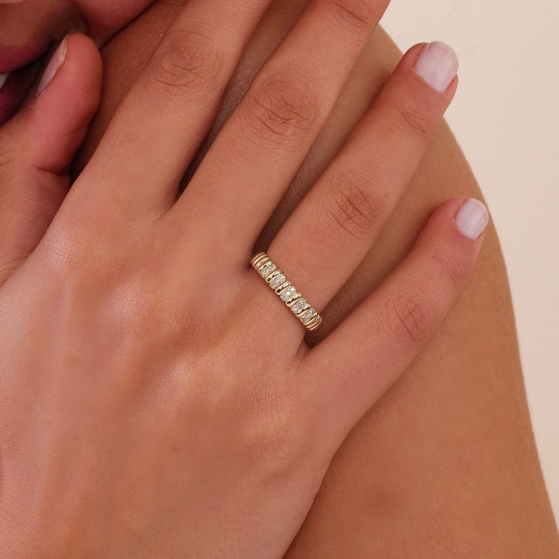 Real Gold and Diamond Unique Ring, Fluted Design Timeless Dainty Classic Band, Textured Ring