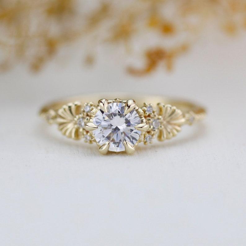 Art nouveau engagement ring, gold wedding ring Moissanite