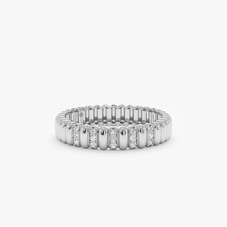 Real Gold and Diamond Unique Ring, Fluted Design Timeless Dainty Classic Band, Textured Ring