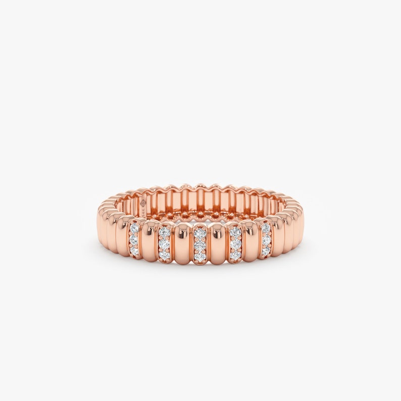 Real Gold and Diamond Unique Ring, Fluted Design Timeless Dainty Classic Band, Textured Ring