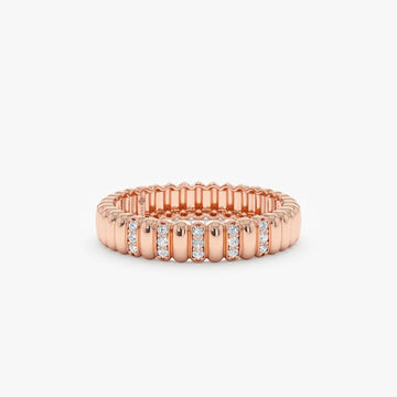 Real Gold and Diamond Unique Ring, Fluted Design Timeless Dainty Classic Band, Textured Ring