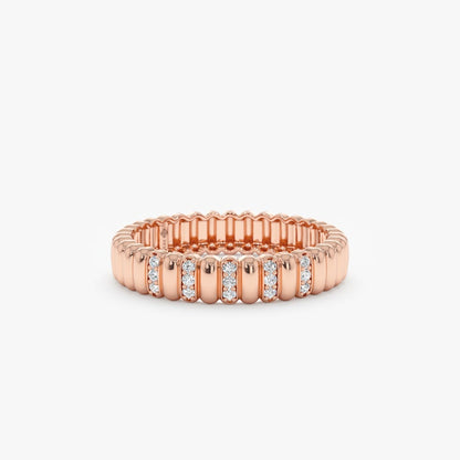 Real Gold and Diamond Unique Ring, Fluted Design Timeless Dainty Classic Band, Textured Ring