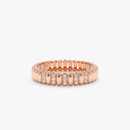 Real Gold and Diamond Unique Ring, Fluted Design Timeless Dainty Classic Band, Textured Ring