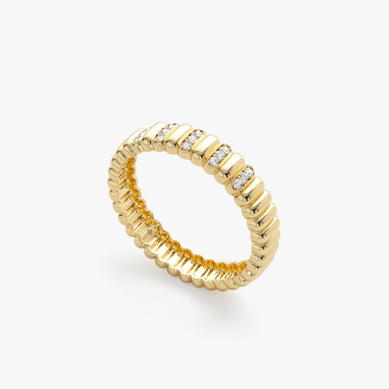 Real Gold and Diamond Unique Ring, Fluted Design Timeless Dainty Classic Band, Textured Ring