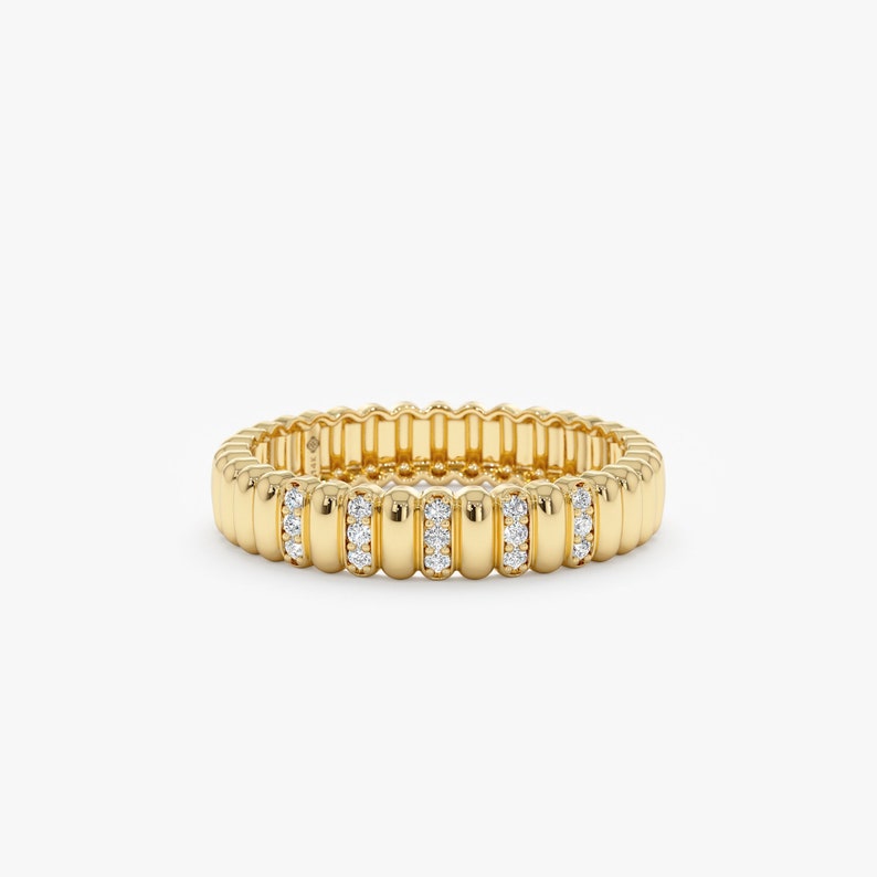 Real Gold and Diamond Unique Ring, Fluted Design Timeless Dainty Classic Band, Textured Ring