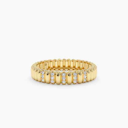 Real Gold and Diamond Unique Ring, Fluted Design Timeless Dainty Classic Band, Textured Ring