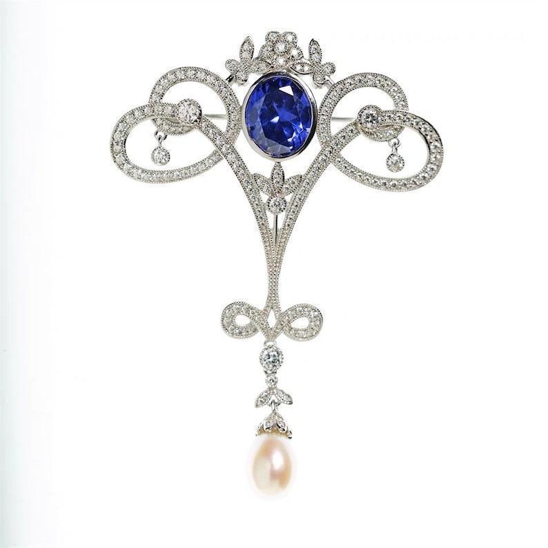 Antique Adwardian Blue topaz diamond brooch