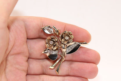 Antıque Original Victorian 14K Gold Natural Dıamond Flowers Brooch