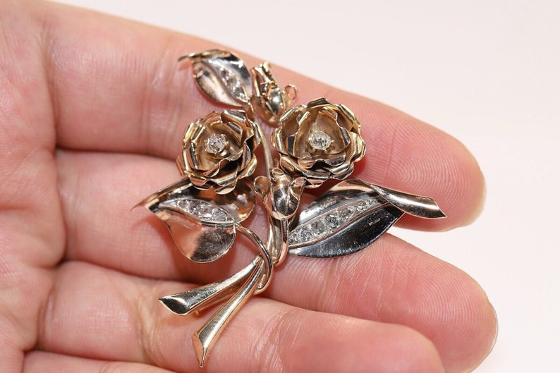 Antıque Original Victorian 14K Gold Natural Dıamond Flowers Brooch