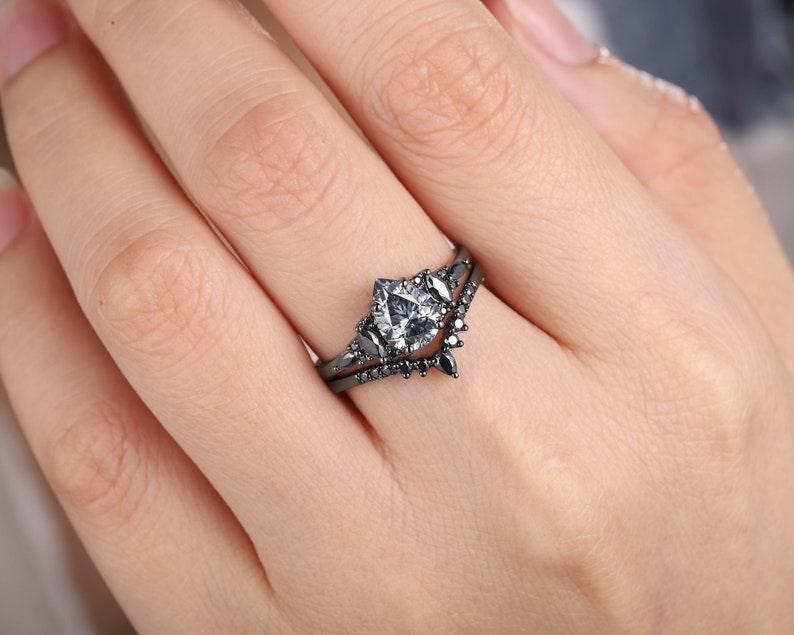 Pear Gray Moissanite Gothic Vintage Rhodium Black Gold Engagement Ring Set