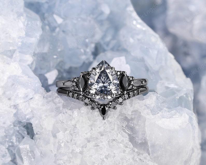 Pear Gray Moissanite Gothic Vintage Rhodium Black Gold Engagement Ring Set