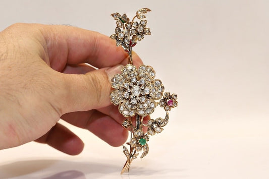 Antıque Gold Natural Rose Cut Diamond And Emerald Ruby Brooch