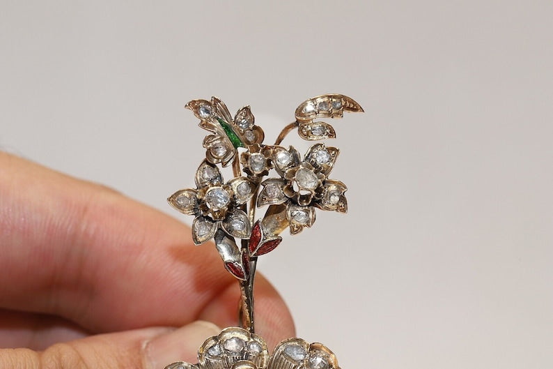 Antıque Gold Natural Rose Cut Diamond And Emerald Ruby Brooch