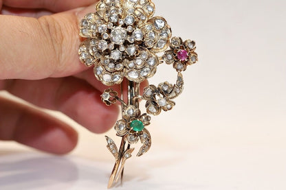 Antıque Gold Natural Rose Cut Diamond And Emerald Ruby Brooch