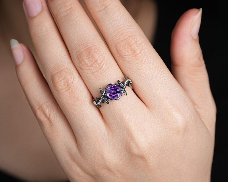 Gothic Round Cut Amethyst Rhodium Black Gold Twisted Leaf Wedding Promise Ring