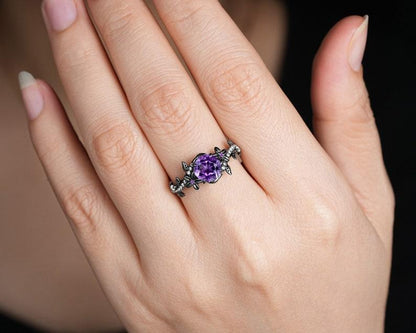 Gothic Round Cut Amethyst Rhodium Black Gold Twisted Leaf Wedding Promise Ring