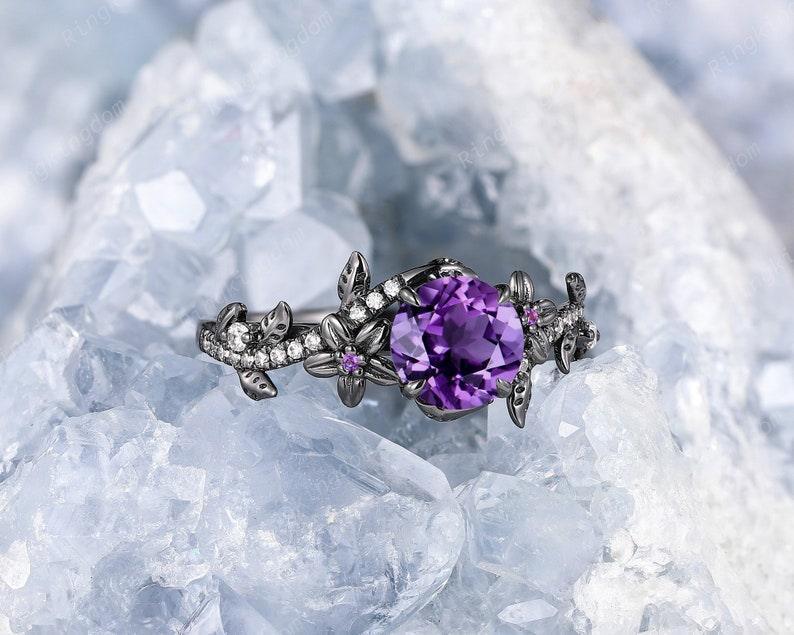 Gothic Round Cut Amethyst Rhodium Black Gold Twisted Leaf Wedding Promise Ring