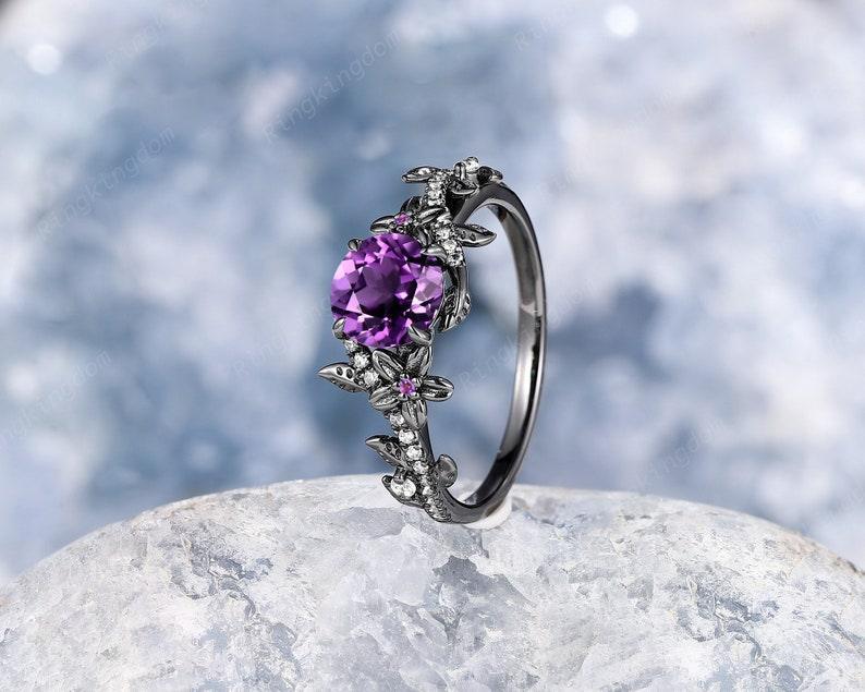 Gothic Round Cut Amethyst Rhodium Black Gold Twisted Leaf Wedding Promise Ring