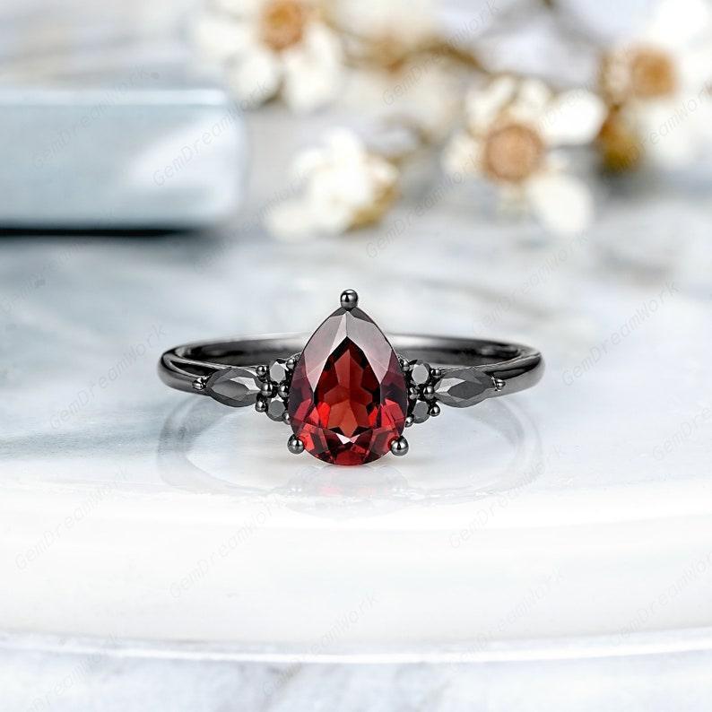 1.2 ct Pear Red Garnet with black rhodium Engagement Ring Set