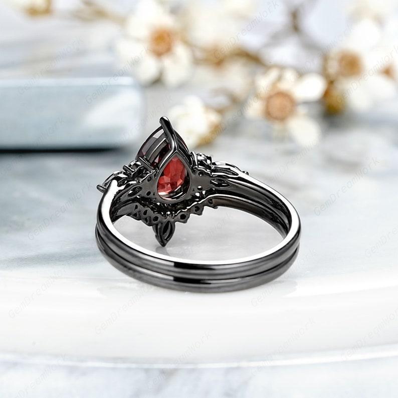 1.2 ct Pear Red Garnet with black rhodium Engagement Ring Set