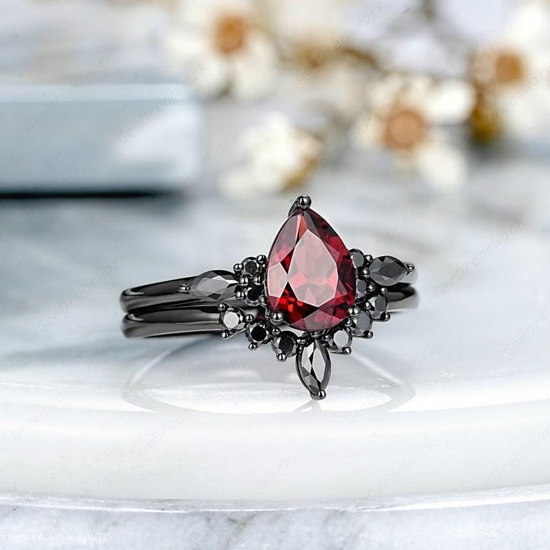 1.2 ct Pear Red Garnet with black rhodium Engagement Ring Set