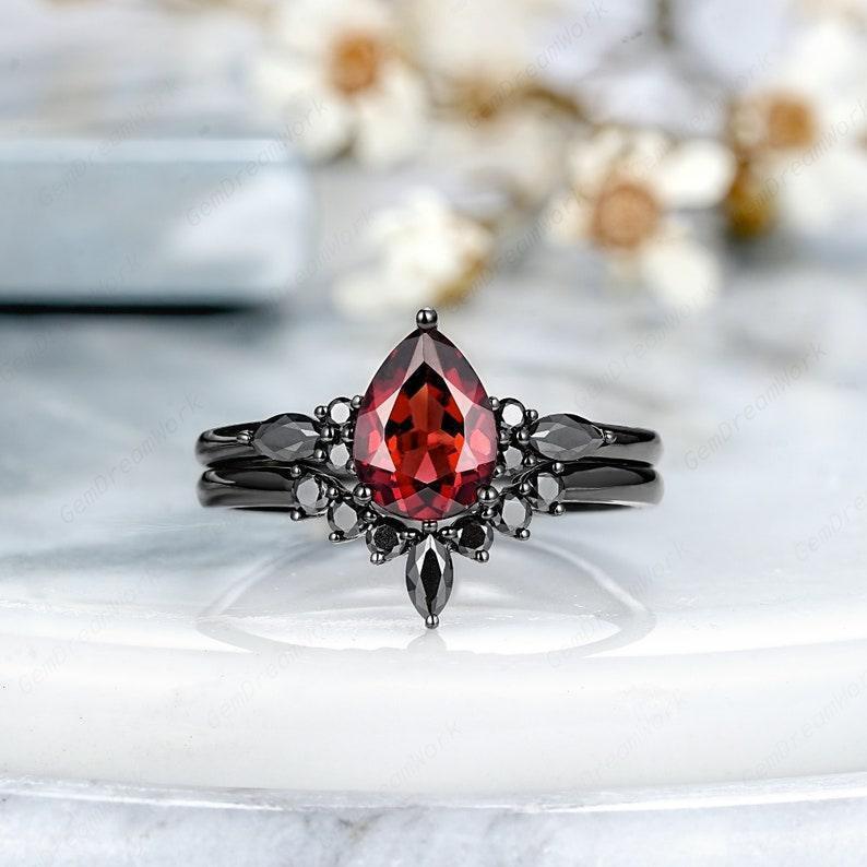 1.2 ct Pear Red Garnet with black rhodium Engagement Ring Set