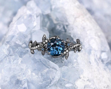 Round Cut London Blue Topaz Gothic Rhodium Black Gold Twig Leaf Floral Wedding Ring