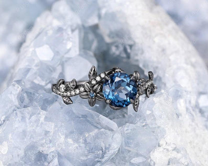 Round Cut London Blue Topaz Gothic Rhodium Black Gold Twig Leaf Floral Wedding Ring