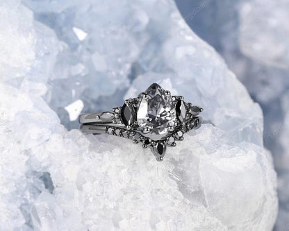 Pear Gray Moissanite Gothic Vintage Rhodium Black Gold Engagement Ring Set