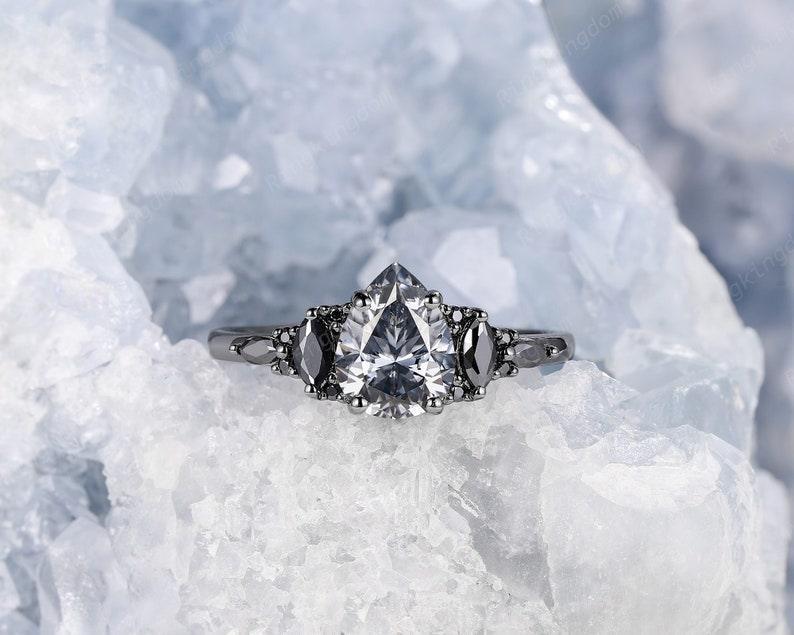 Pear Gray Moissanite Gothic Vintage Rhodium Black Gold Engagement Ring Set