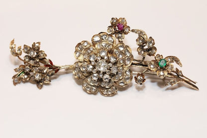 Antıque Gold Natural Rose Cut Diamond And Emerald Ruby Brooch