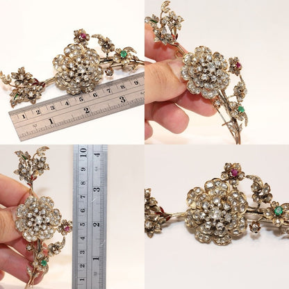 Antıque Gold Natural Rose Cut Diamond And Emerald Ruby Brooch