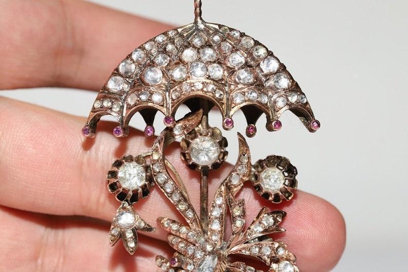 Antique rose cut moussanite diamond unbrella brooch