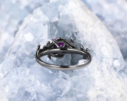 Gothic Round Cut Amethyst Rhodium Black Gold Twisted Leaf Wedding Promise Ring