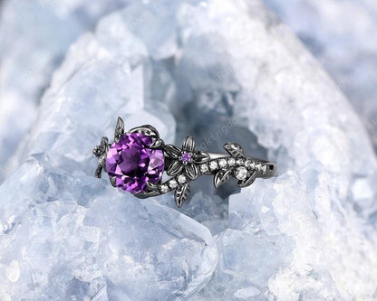 Gothic Round Cut Amethyst Rhodium Black Gold Twisted Leaf Wedding Promise Ring