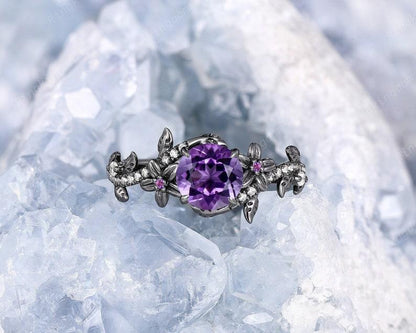 Gothic Round Cut Amethyst Rhodium Black Gold Twisted Leaf Wedding Promise Ring