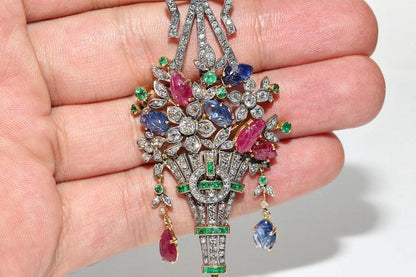 Antique Flower basket moissanite Diamond Ruby Sapphire Emerald Brooch