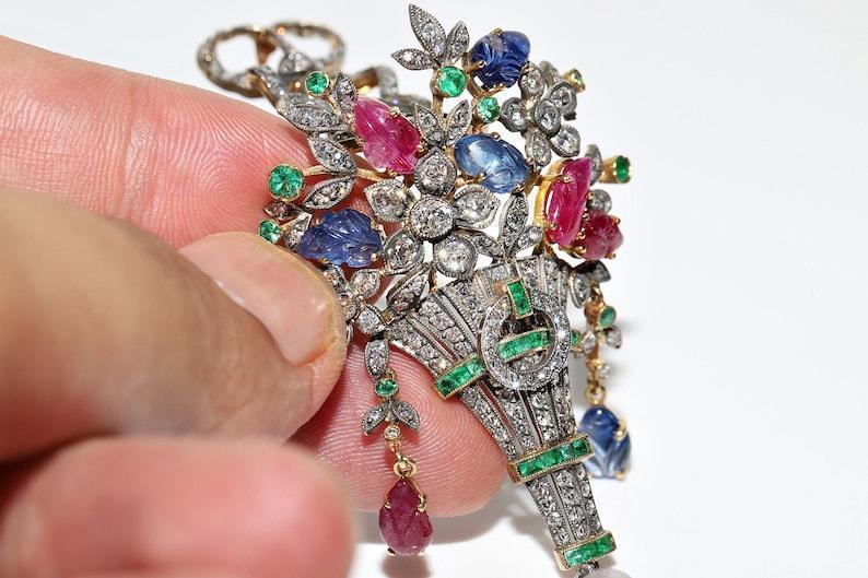 Antique Flower basket moissanite Diamond Ruby Sapphire Emerald Brooch