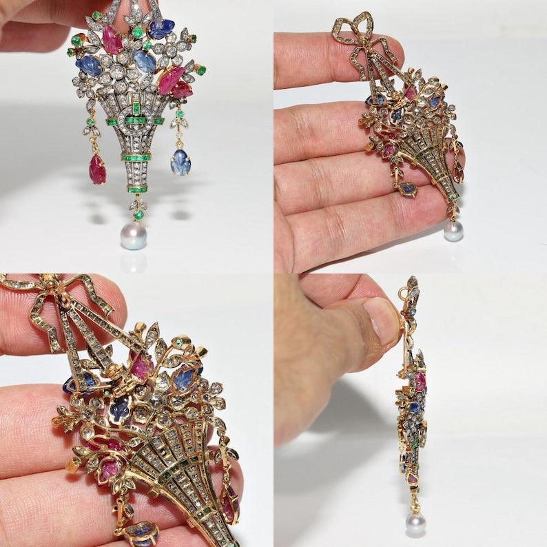 Antique Flower basket moissanite Diamond Ruby Sapphire Emerald Brooch