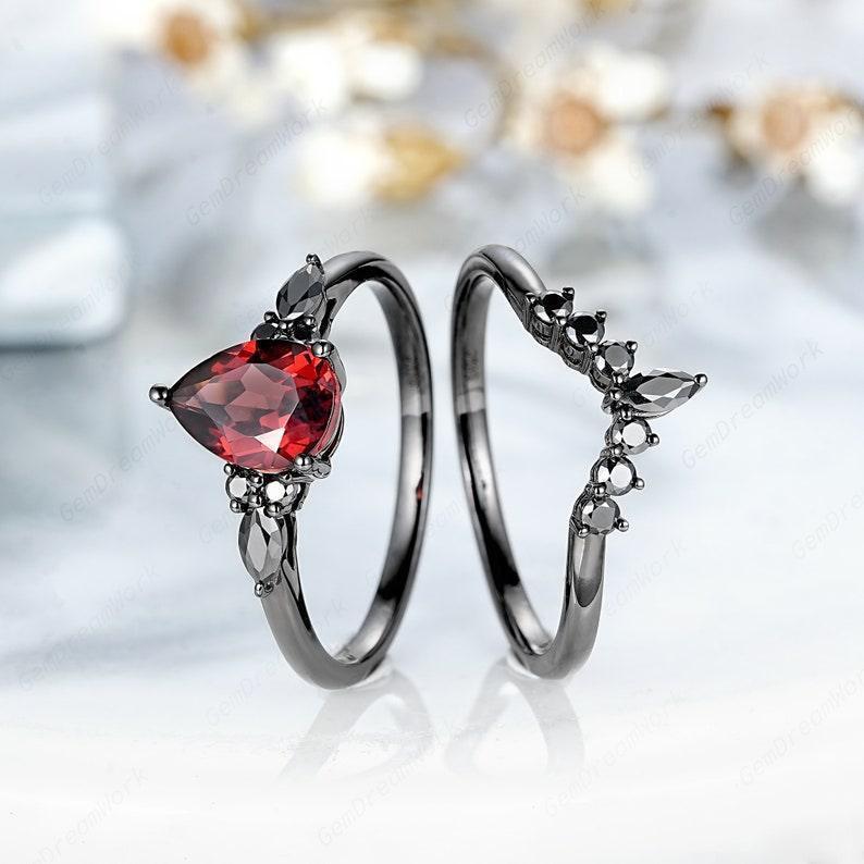 1.2 ct Pear Red Garnet with black rhodium Engagement Ring Set