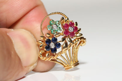 Vintage Gold Natural Diamond And Emerald And Sapphire Pretty Brooch