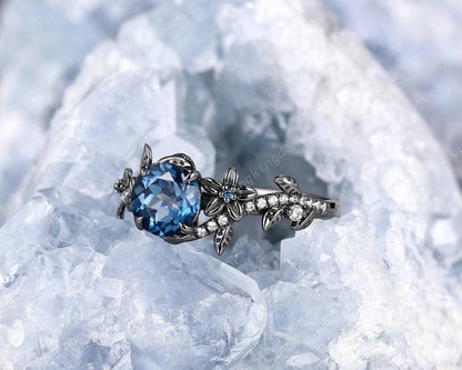 Round Cut London Blue Topaz Gothic Rhodium Black Gold Twig Leaf Floral Wedding Ring