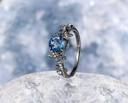 Round Cut London Blue Topaz Gothic Rhodium Black Gold Twig Leaf Floral Wedding Ring