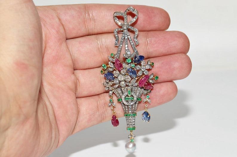 Antique Flower basket moissanite Diamond Ruby Sapphire Emerald Brooch